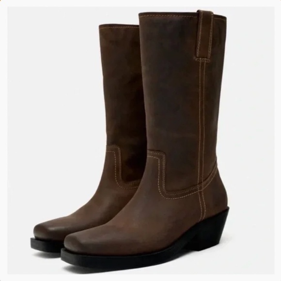 Zara chocolate brown leather biker boots NWT - Picture 1 of 11
